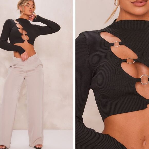 PRETTY LITTLE THING - BLACK RING FRONT CUT OUT LONG SLEEVE KNIT TOP - Picture 1 of 6